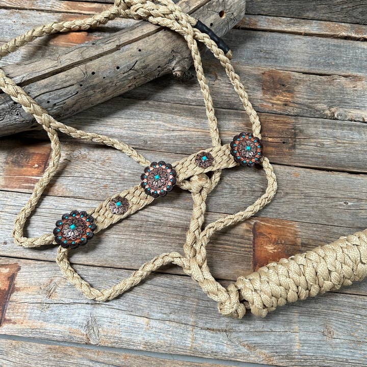 Tan and Turquoise Mule Tape Halter - #MT116 for wholesale by Rodeo Drive