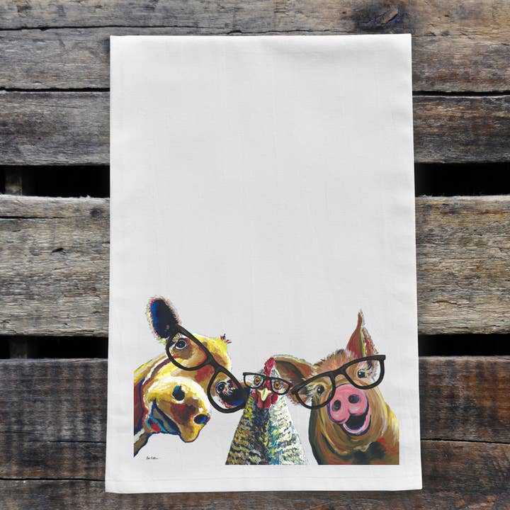 Hippie Hound Studios - Wholesale Tea Towel - Farm Animal Tea Towel, Pig, Chicken Towel Dish Towel