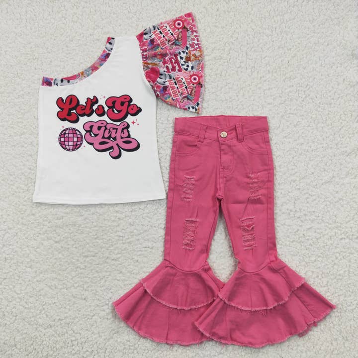 Ensembles de vêtements Let's Go en denim rose pour petites filles pour la vente par Aier Wholesale