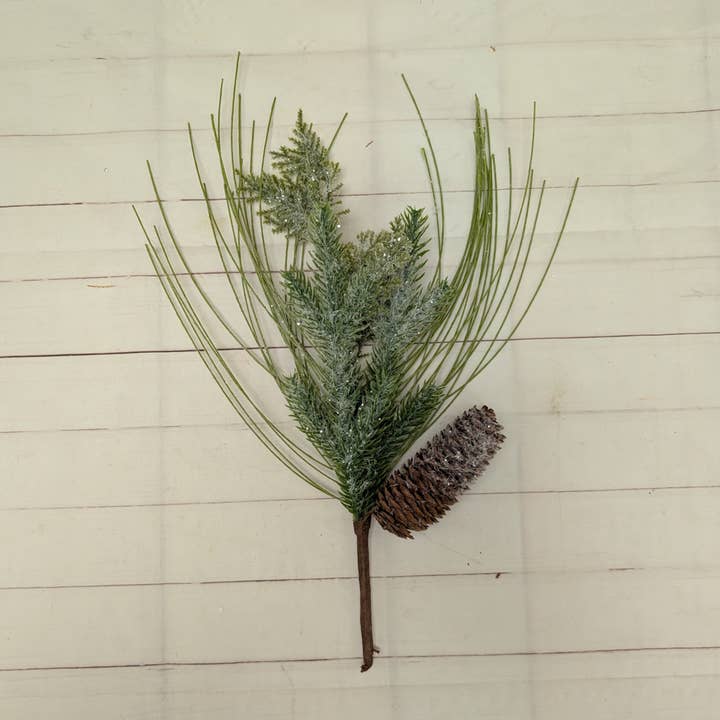 Snowy Pine Pick with Pine Cone for wholesale by A.T. Imports