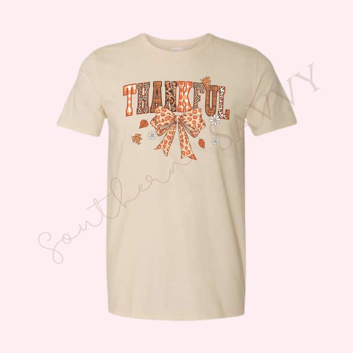 Thankful Bow | Sand Color Thanksgiving T-Shirt for wholesale by Southern N Savvy