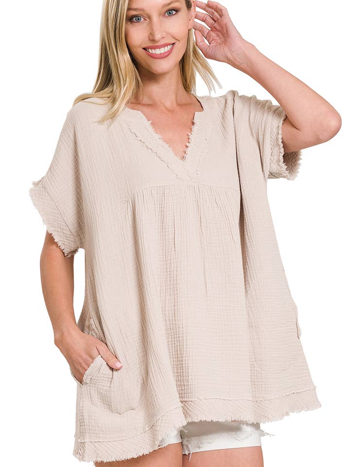 42POPS - Wholesale Tunic - Women's - .Raw Edge Short Sleeve V Neck Shirt