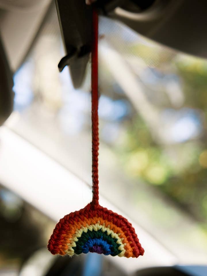 Handmade Crochet Pride Rainbow Car Charm - Hanging Decor for wholesale by Wander Free and Queer