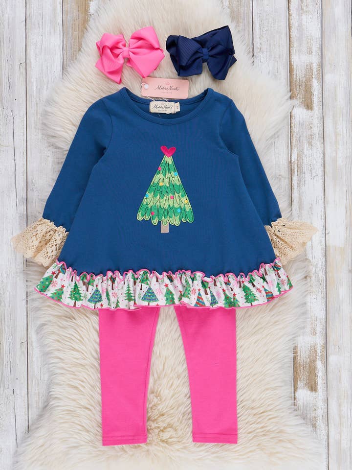 Marie Nicole Clothing - Wholesale Top & Leggings Set - Kids - Navy & Pink Christmas Tree Ruffle Outfit