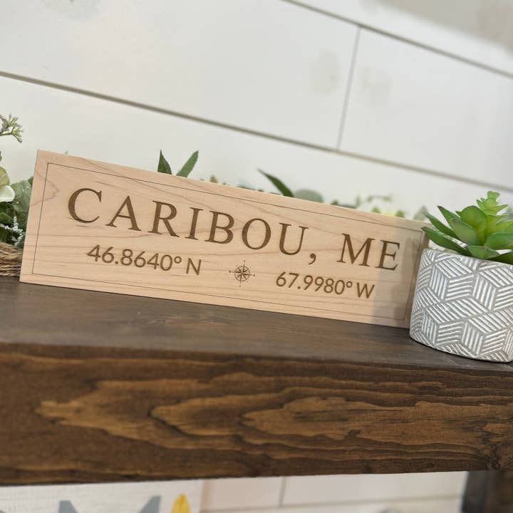 Creative Carpentry of Maine - Wholesale Plaque - Personalized Maple Plaque with City Name and Coordinates