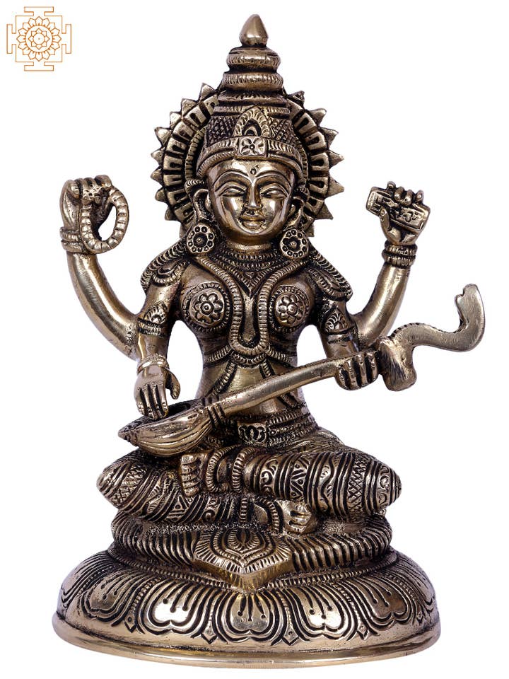 Statue de la déesse Saraswati en laiton de 8 pouces assise sur le trône et Veena pour la vente par Exotic India Art