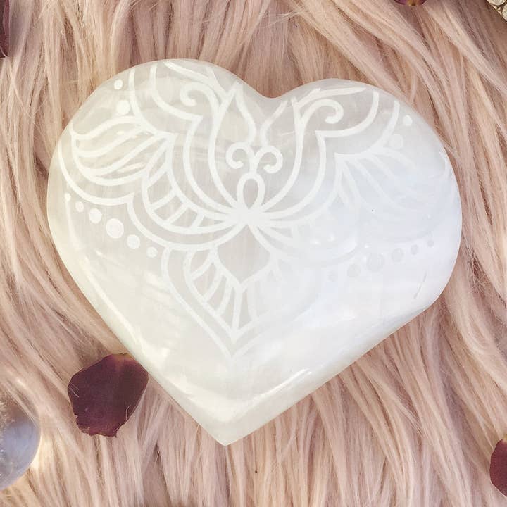 "FIERCE" PEACH Selenite Heart Crystal Mother's Day Gifts for for wholesale by Fractalista Designs