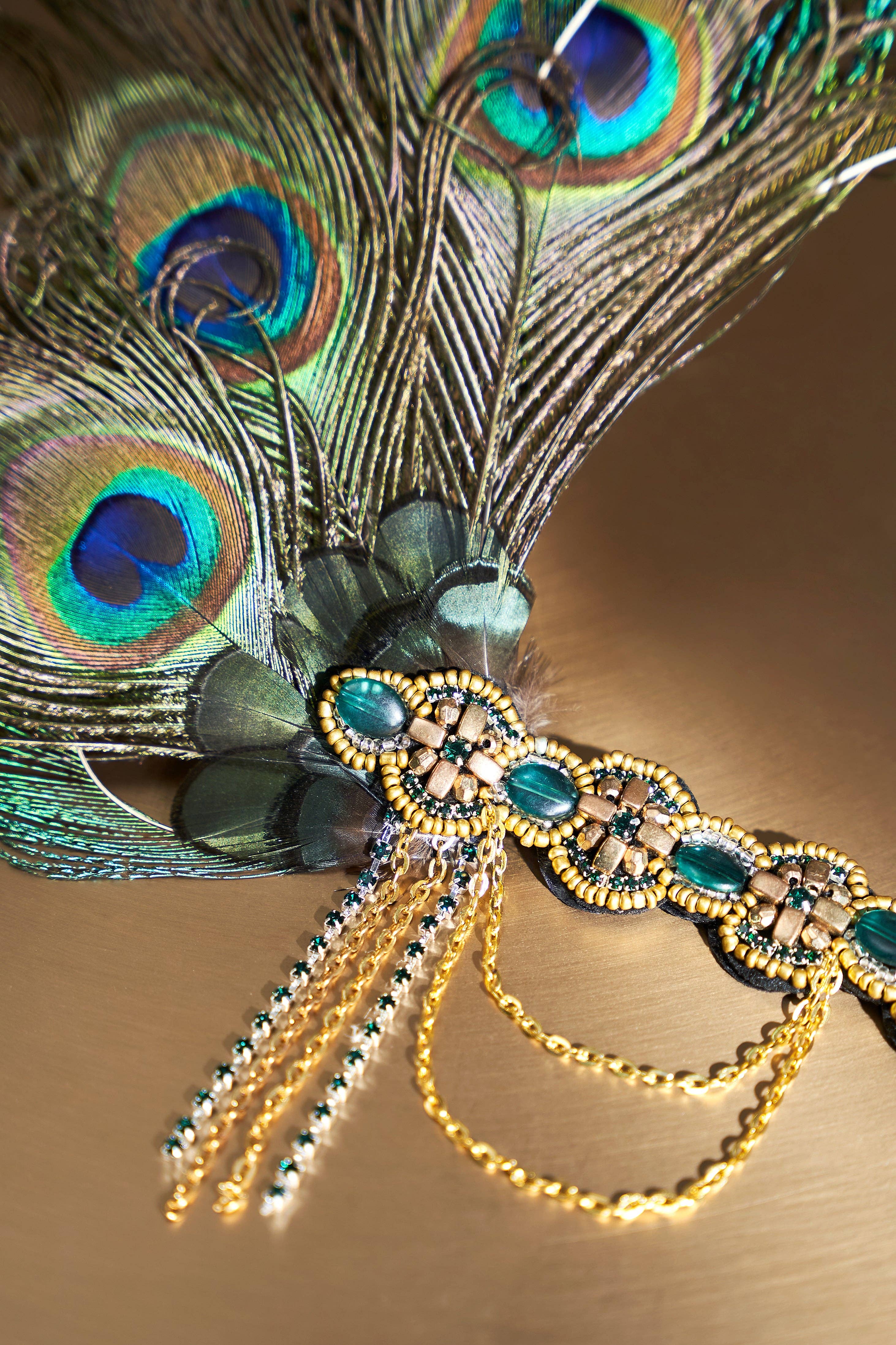 Dark Green Light Gold Beaded Peacock Feather Headband for wholesale on Faire1
