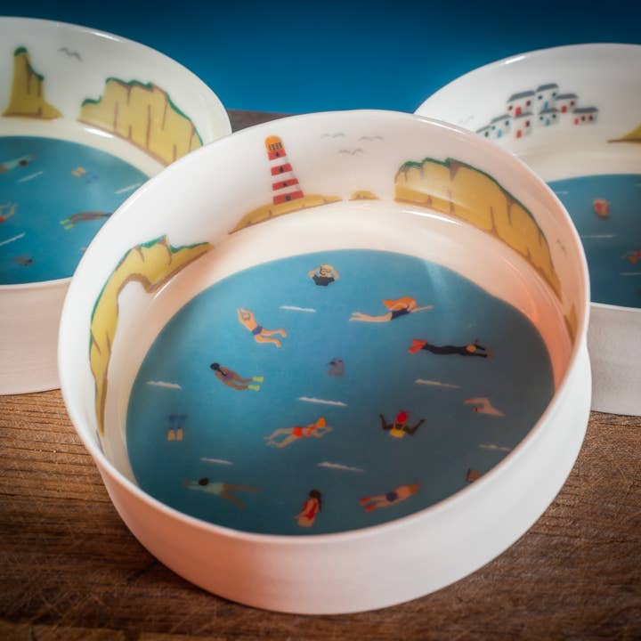 Handmade Porcelain 'Sea Swimmers' Bowl for wholesale by Becky Mackenzie Ceramics