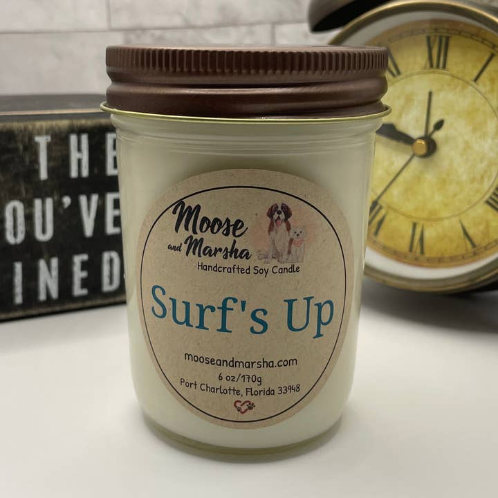 Surf's Up 6 oz Candle for wholesale by Moose and Marsha Handcrafted