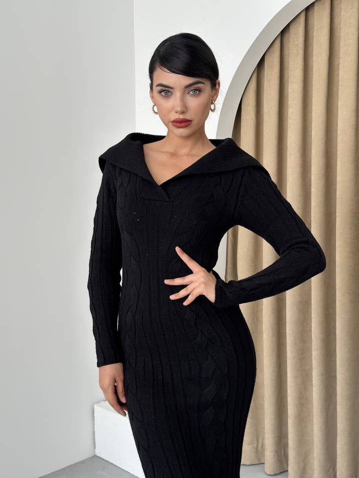 Design company-Fatma Balkir - Wholesale Dress - Women's - Wide Collar Cable Knit Long Slim Dress – Fitted Tricot dress6