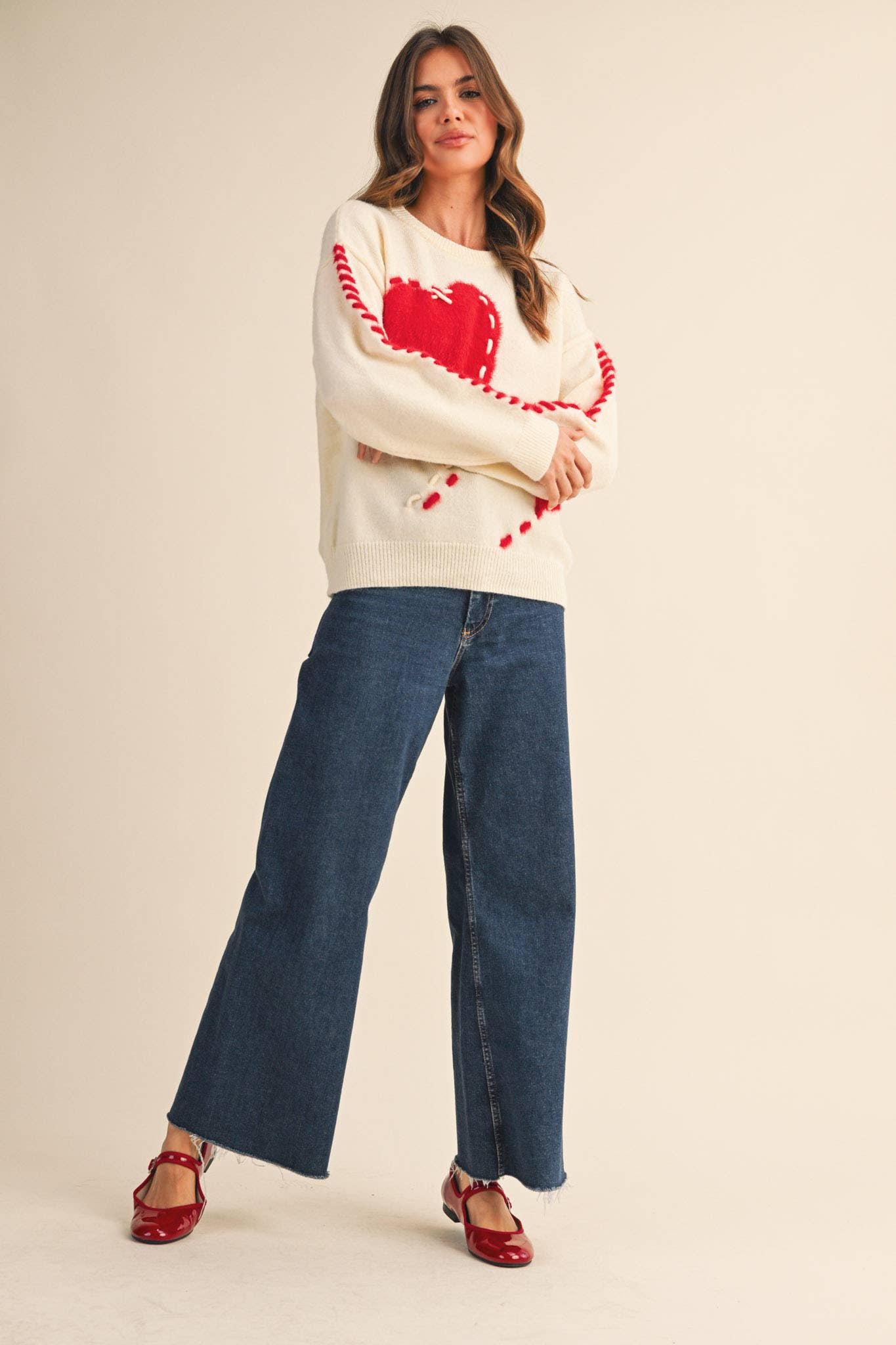 &MERCI - Wholesale Knit Sweater - Women's - FUZZY HEART KNIT SWEATER WITH WHIP STITCH MSW1099019