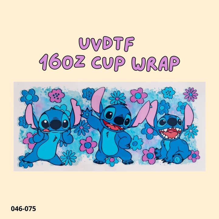 UVDTF cup wrap cute blue stitch with flower dancing for wholesale by Weavey Studio