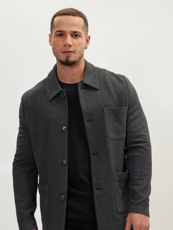 Men's Sleek Full Button Shacket - Anthracite for wholesale by Ron Tomson