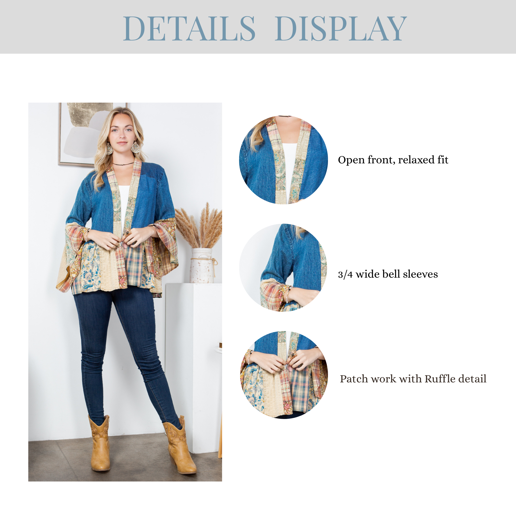 Young Threads - Wholesale Kimono - Women's - Western Boho Lace & Denim Patchwork Kimono Top NEW17