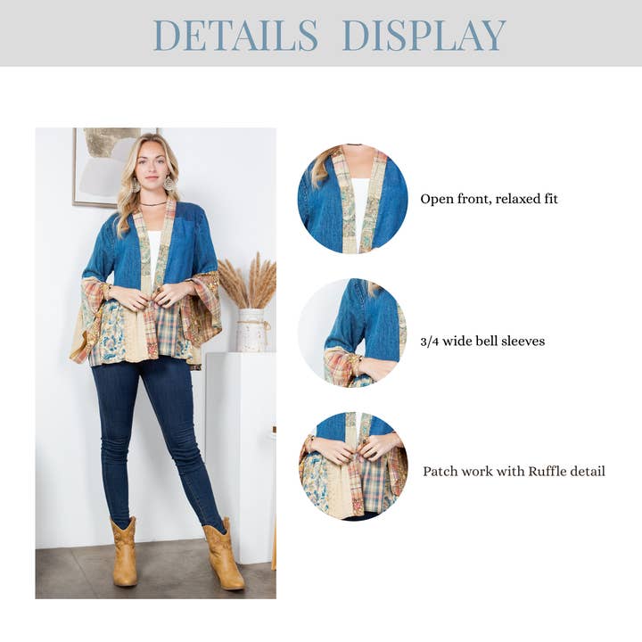 Young Threads - Wholesale Kimono - Women's - Western Boho Lace & Denim Patchwork Kimono Top NEW17