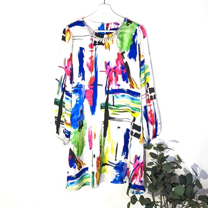 Satin touch tunic dress with brushstroke design print (M) for wholesale by Tempest Designs