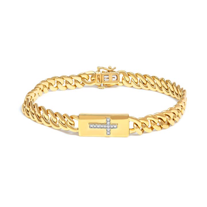 14K Gold over Silver Diamond Cross Cuban Link Bracelet for wholesale by Infinite Jewels