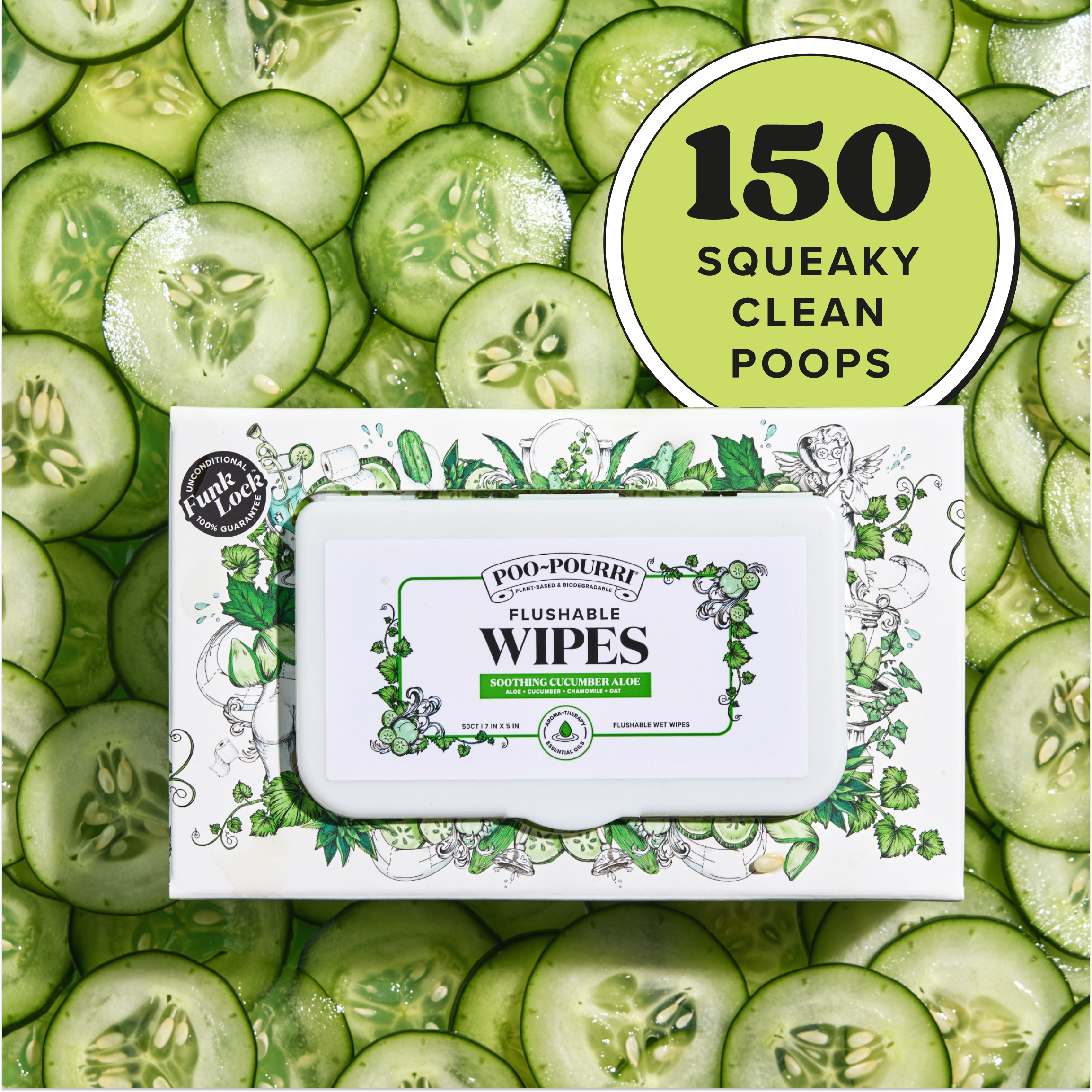 ~Pourri - Wholesale Face & Body Wipes - Cucumber Aloe Poo~Pourri Flushable Wipes 3-Pk (150 wipes)2