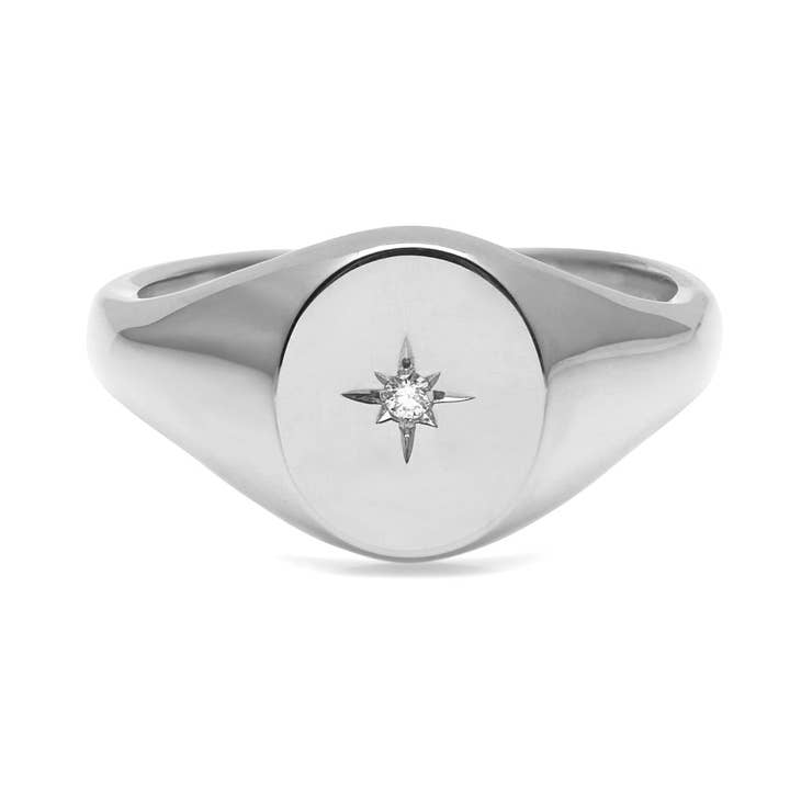 Oval Signetring Med Stjernesæt Diamant 11x9mm - Sølv for engroshandel hos Myia Bonner