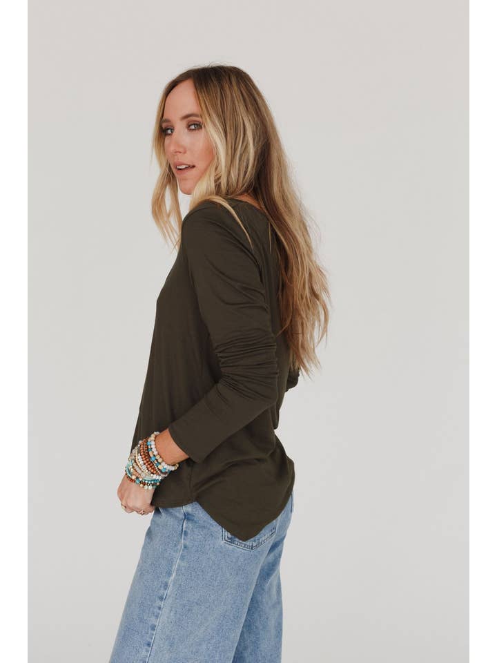 Three Bird Nest - Wholesale Knit Top - Women's - Ryder Long Sleeve Bralette Tee - Olive1