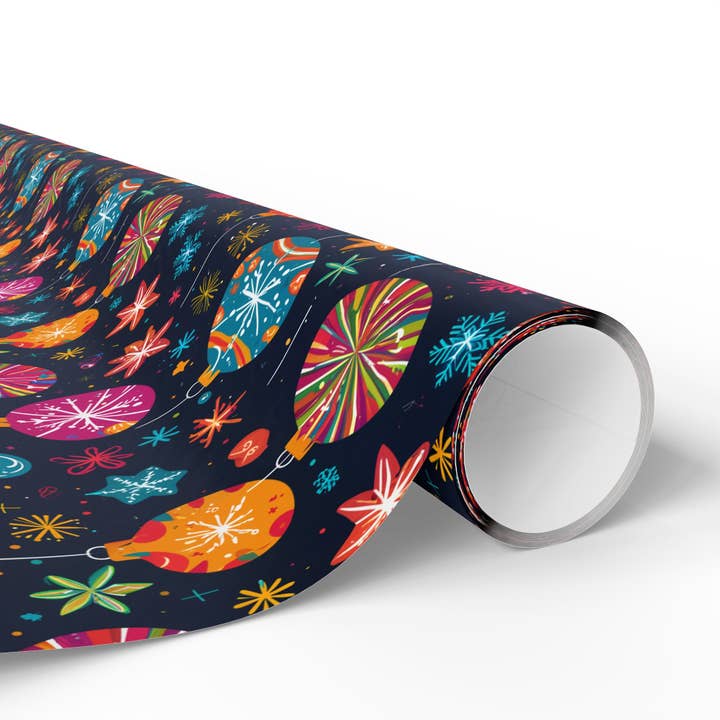 Lokipawz - Wholesale Flat Wrap - Bauble Blitz – Neon Ornament Holiday Wrapping Paper2