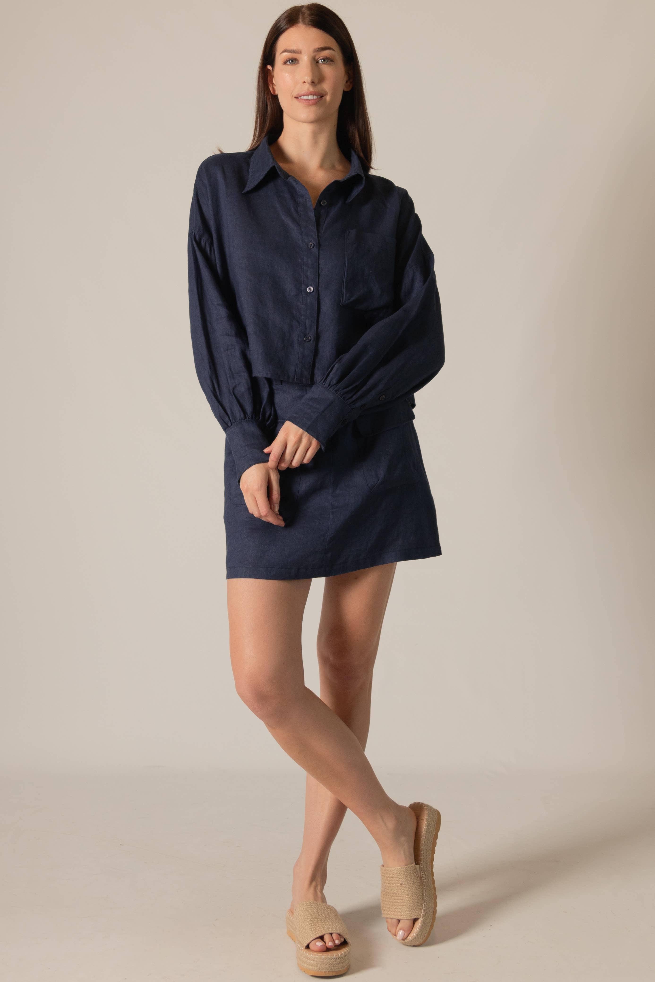 Natural P.CILL 100% Linen Cropped Button Up Shirt for wholesale on Faire9