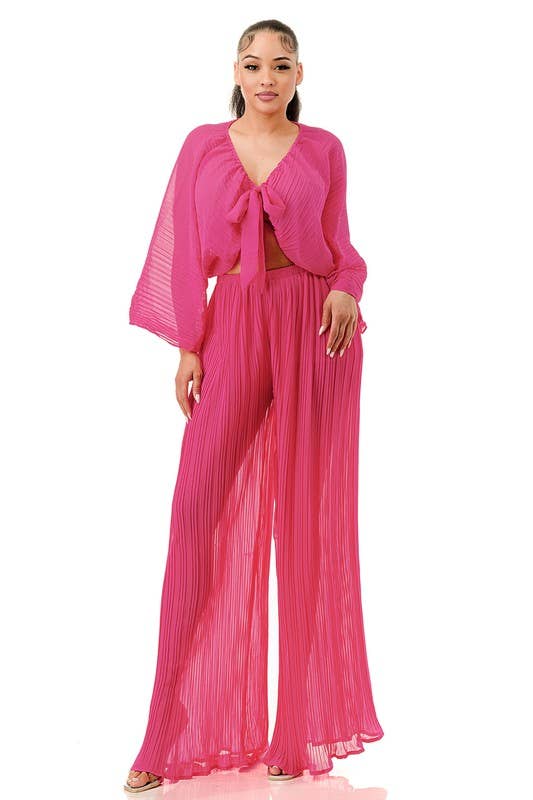 Namatt Design – wholesale Top & pants set (NOT Loungewear) – Women's – Plus Front Tie Billowing Pleated Crop Top & Pants Set14