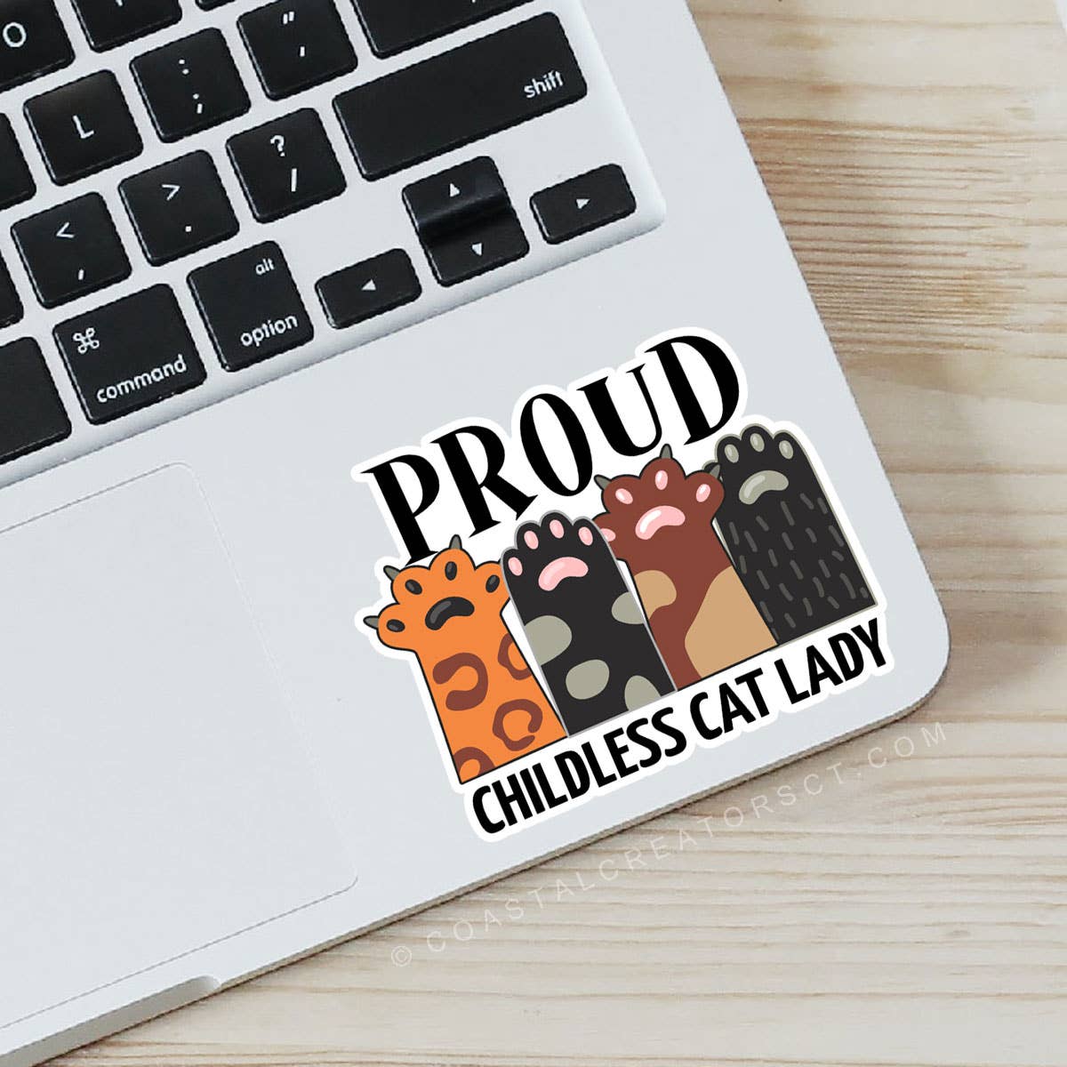 Coastal Creators of Connecticut - Wholesale Phone & Laptop Stickers - Proud Childless Cat Lady Orange Colorful Laptop Sticker1