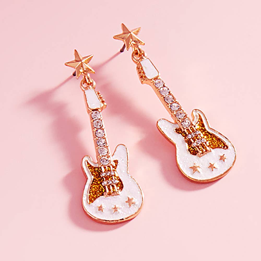 Sensibling Corp. - Wholesale Dangle Earrings - Stone Embellished Glittered Enamel Guitar Dangle Earrings
2