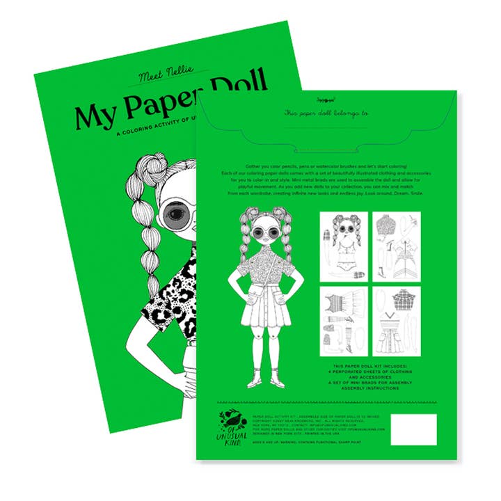 Of Unusual Kind – wholesale DIY craft kit – Child – NELLIE COLORING PAPER DOLL KIT
