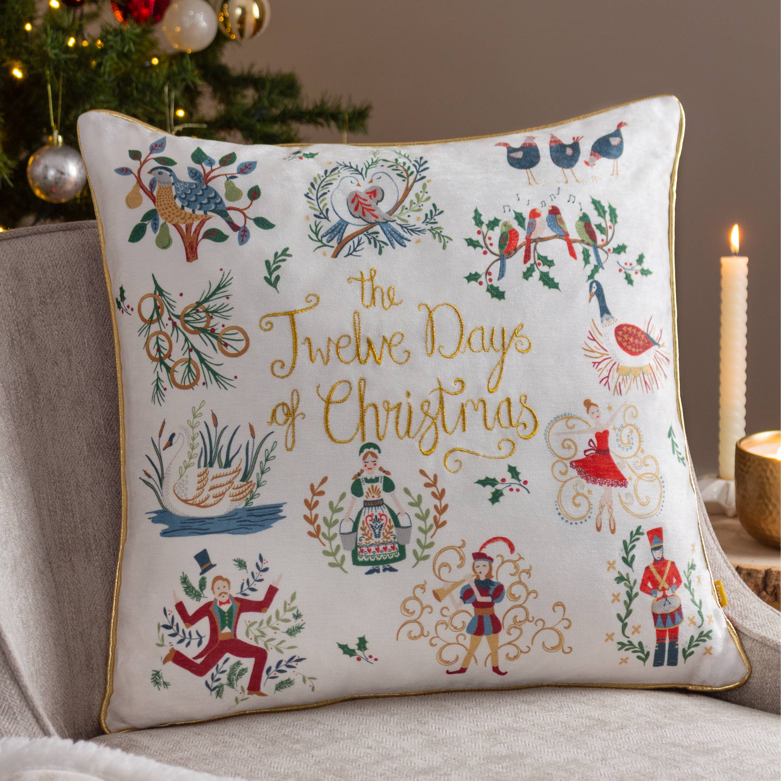 12 Days of Xmas Embroidered Cushion Gold for wholesale on Faire0