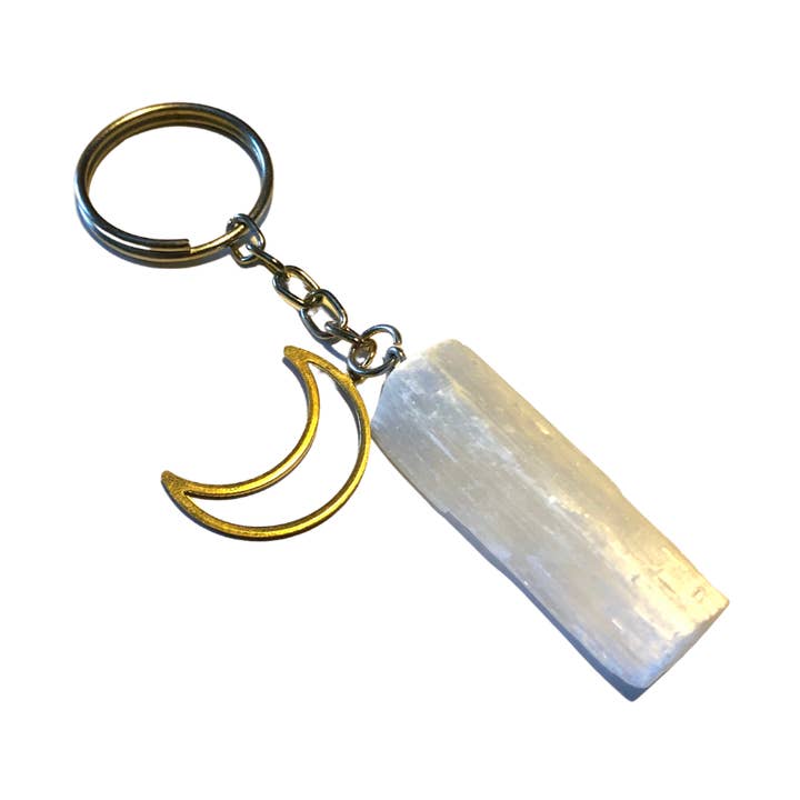 Portachiavi con pietra preziosa grezza di selenite ~ «Aura Clearing» per la vendita all'ingrosso da parte di Moon Child