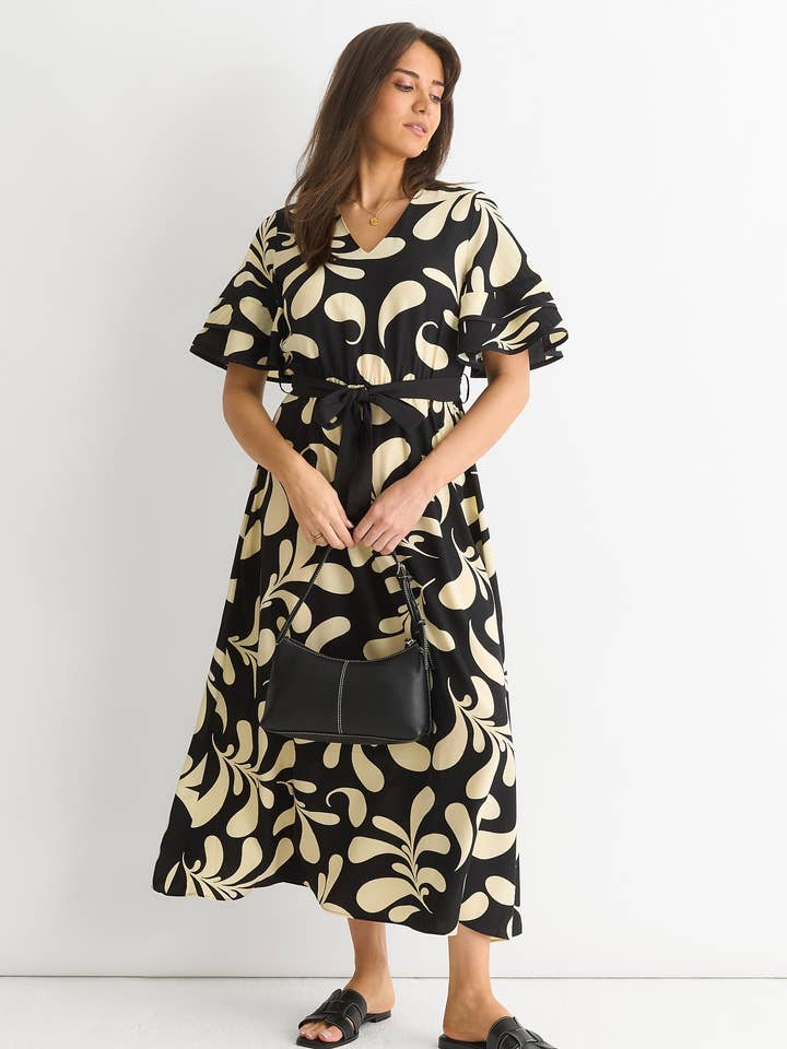 Floral V Neck Elasticated Waist Midi Dress for wholesale by GINI LONDON