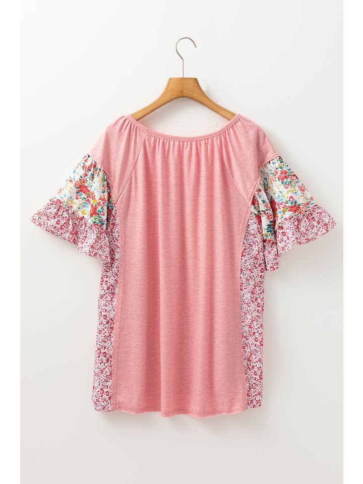 Pink Plus Size Floral Patchwork Ruffled Short Sleeve Blouse for wholesale on Faire
