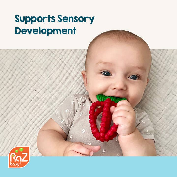 RaZbaby - Vente Anneau de dentition sans clip – bébé - Jouet de dentition RazBerry Bites - Rouge2