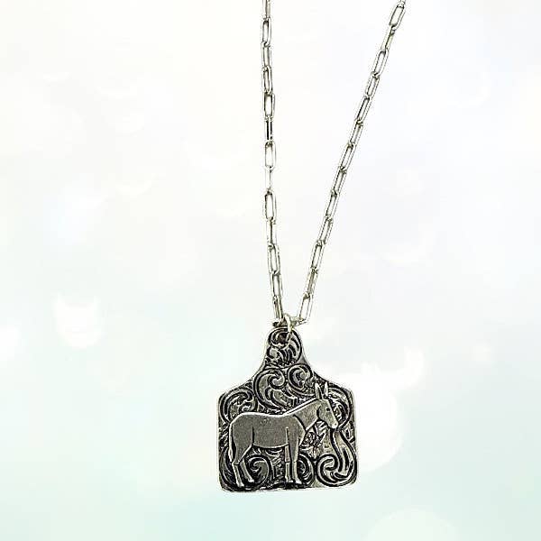 Burnished Silver DONKEY ETCHED CATTLE TAG PENDANT NECKLACE for wholesale on Faire1