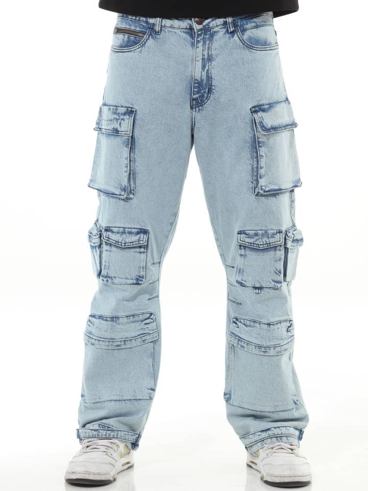 Jeans anchos de 8 bolsillos con lavado ácido para venta al por mayor de Stylo