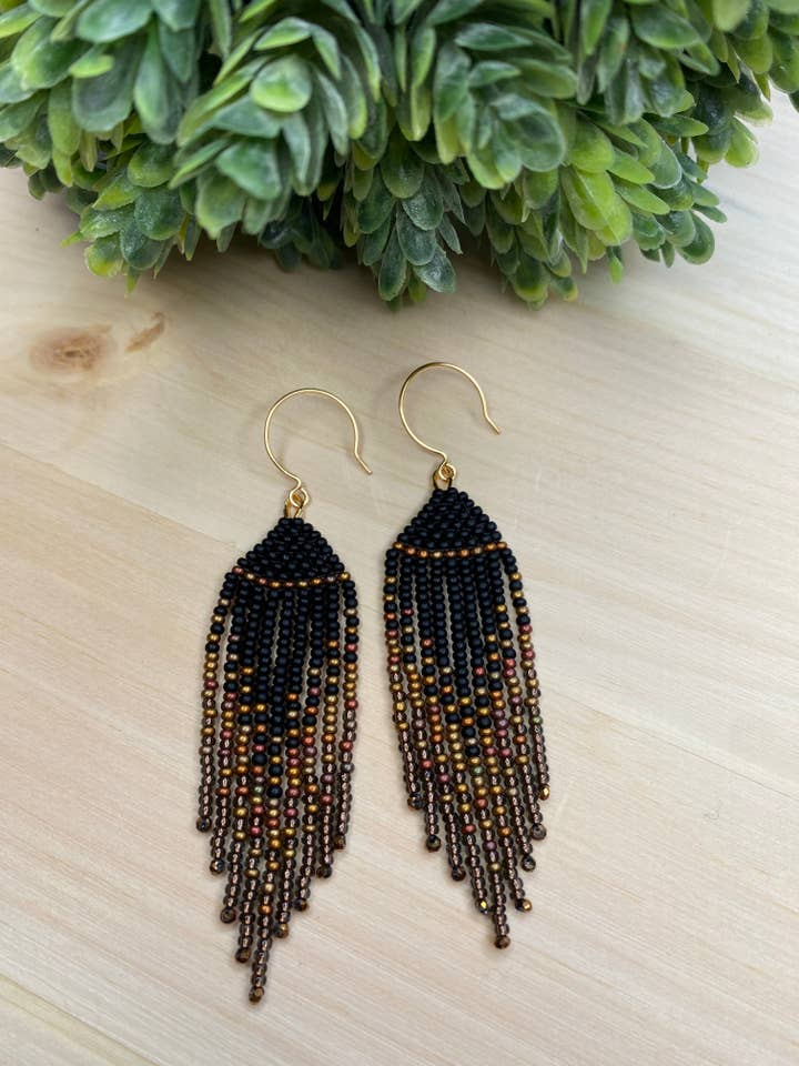 Dramatic Black and Gold Fringe Earrings for wholesale by Hazel Earth Design