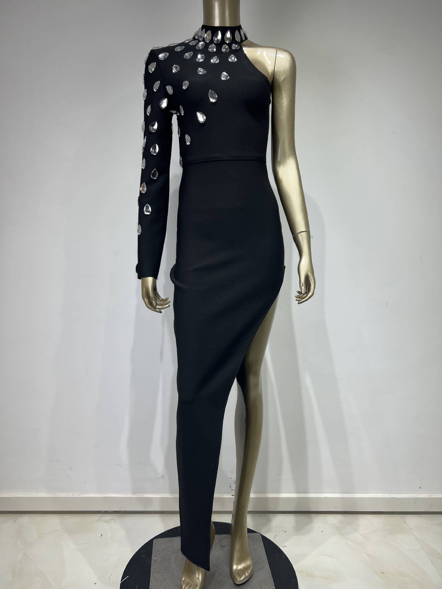 Black DR072 Glam One-Shoulder Rhinestone Bandage Dress for wholesale on Faire2