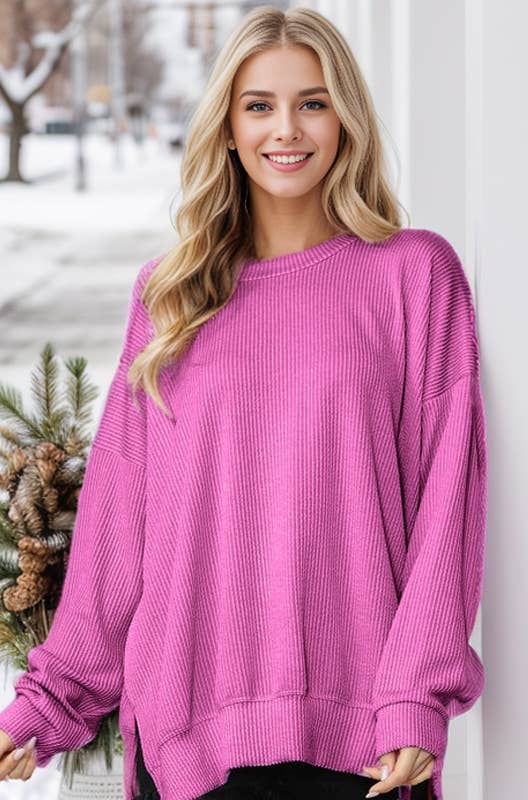 Burgundy Apparel - Vente Sweat-shirt – femme - SWEAT-SHIRT OVERSIZE CÔTELÉ ONDULÉ AVEC FENTE LATÉRALE - AUTOMNE23