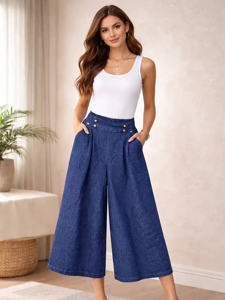Italienske dame culottes i denim med høj talje, knapdetaljer og elastisk ryg. for engroshandel hos Miss Bold