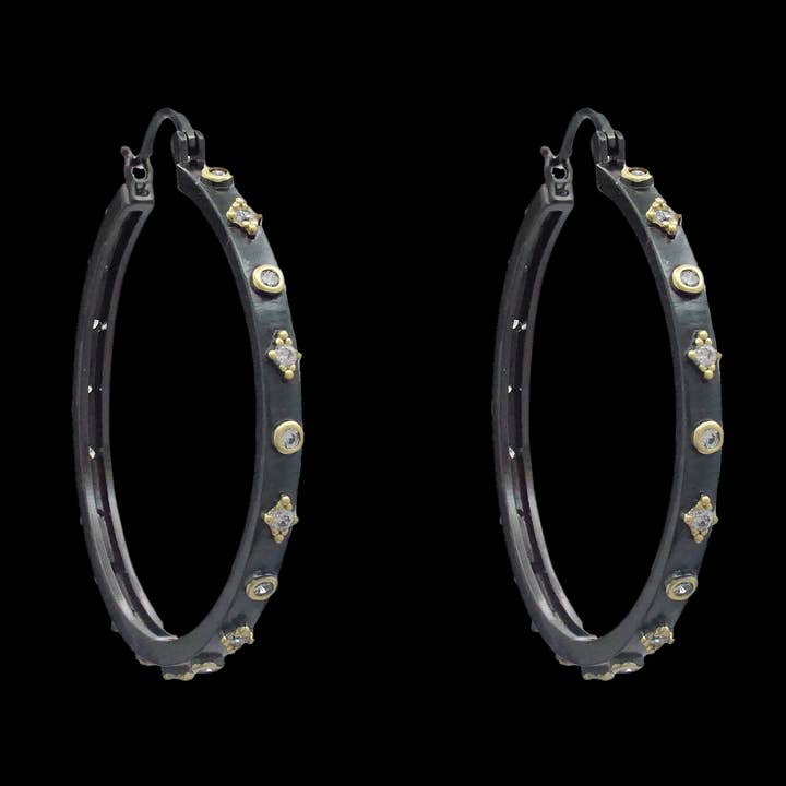 Small hoop earrings with alternating pave circles and stars for wholesale by Be Je Designs