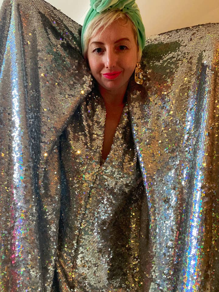 Fumbalinas - Wholesale Kaftan - Women's - Silver Metallic Holographic/ Sequin Kaftan Gown / Dress23