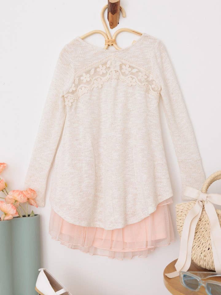 Oatmeal Girls Western Embroidered Lace Long Sleeve Top for wholesale on Faire