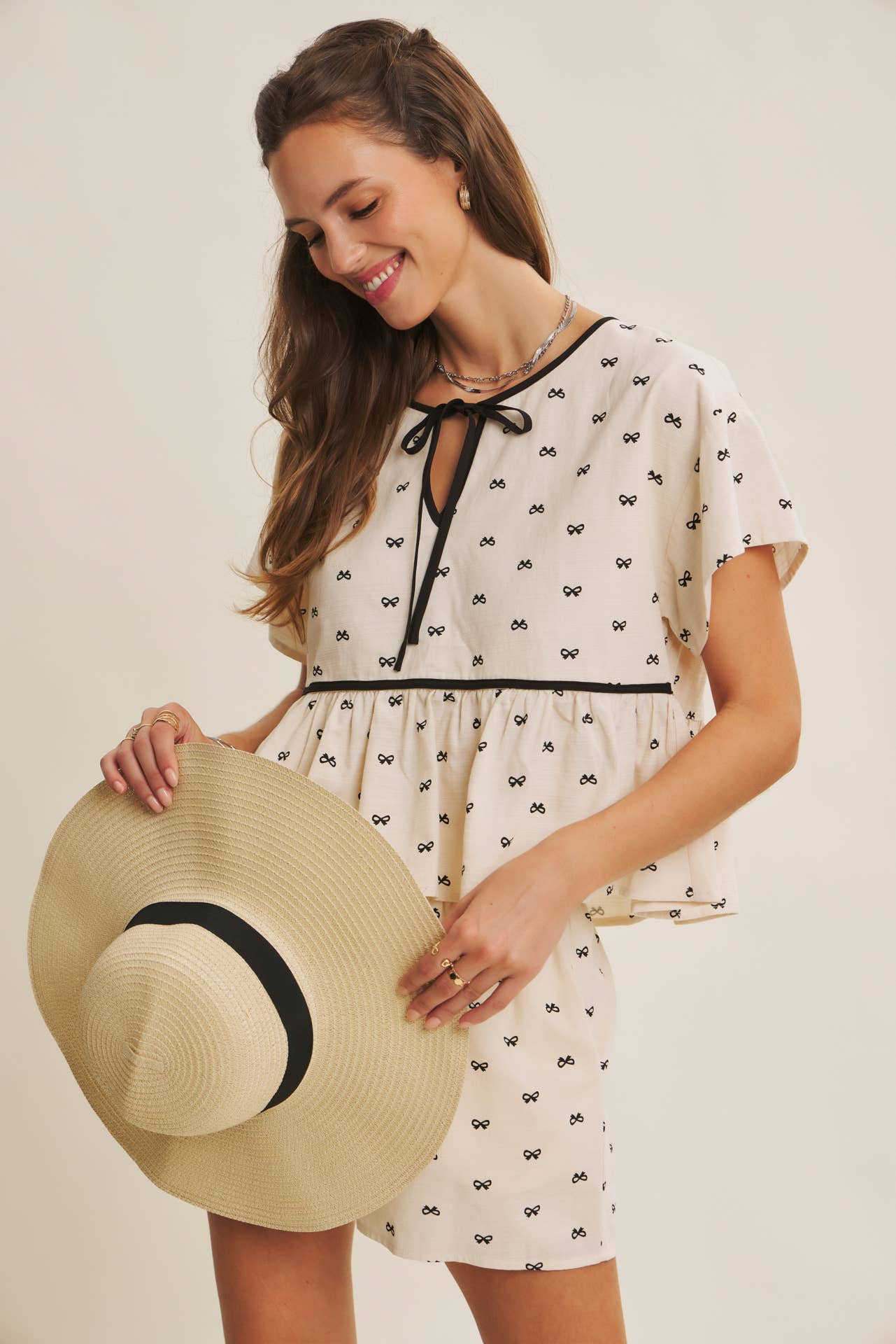 in february - Wholesale Blouse - Women's - SUNNY DAYS BOW PRINT BABYDOLL BLOUSE WITH CONTRAST BINDING11