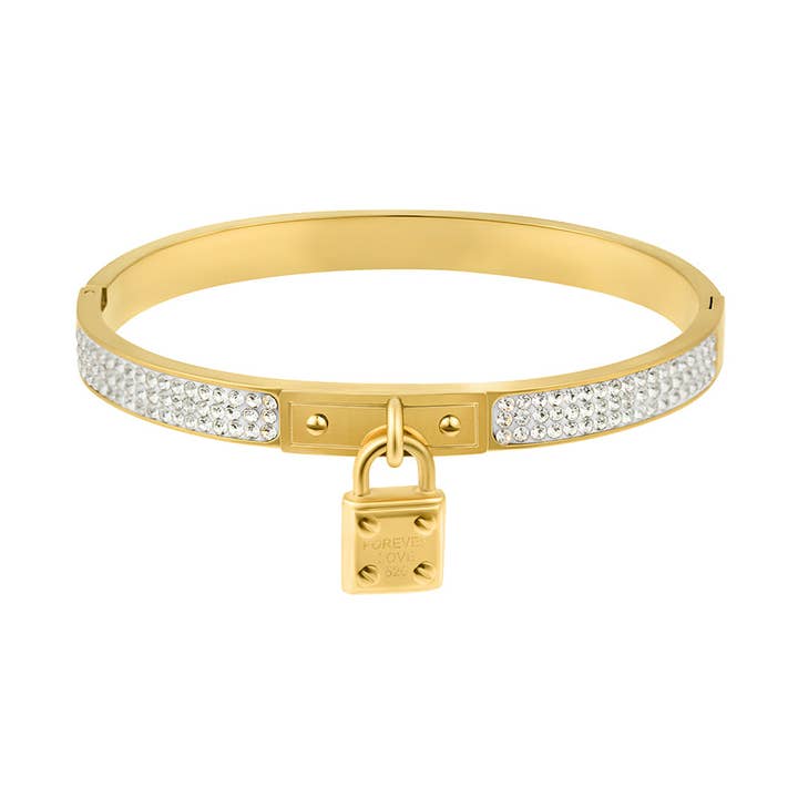 Tarnish Resistant 14k Gold Plated Pave Lock Bangle for wholesale by Adornia