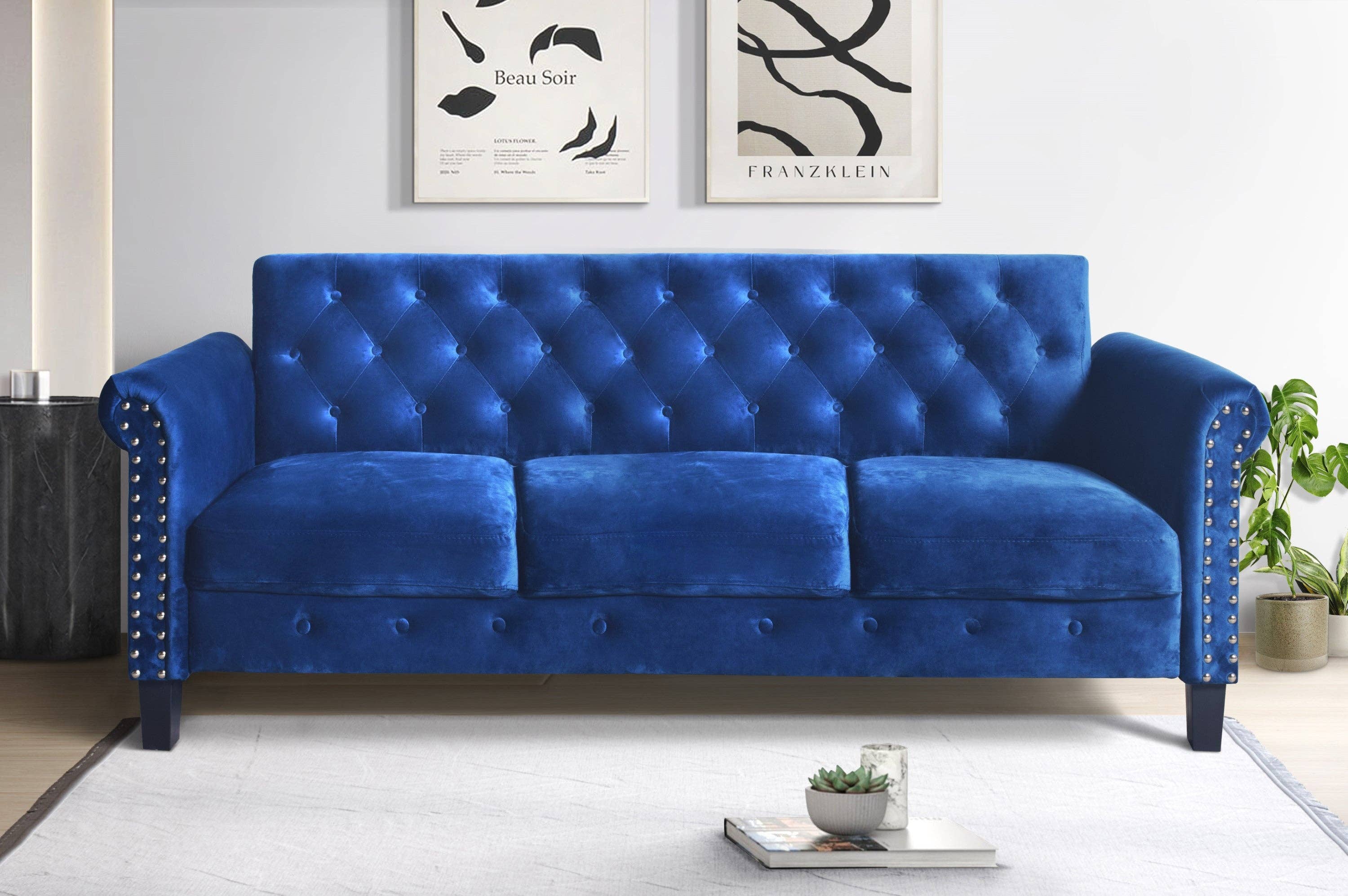 Home Design - Wholesale Sofa - 2-Piece Casper Velvet Rolled Arm Living Room Set with Loveseat and Sofa, Foam-Filled Cushions, Nailhead Trim, Navy Blue6