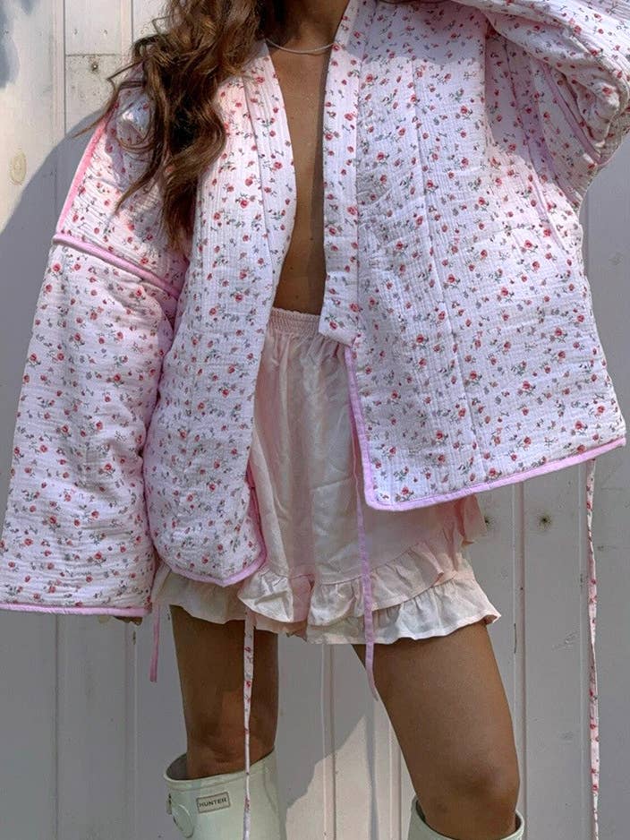 Sweet Floral V-Neck Bell Sleeve Lace-Up Padded Jacket for wholesale by Rosa Clothing