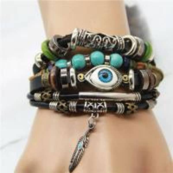 It's Your Journey LLC - Wholesale Charm/Dangle Bracelet - Evil Eye Multi Strand Bracelet with Feather